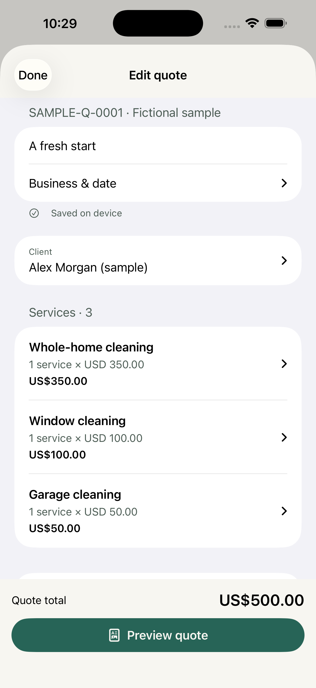 Scopefolio quote editor with compact service summaries, a US$500 total and Preview quote button